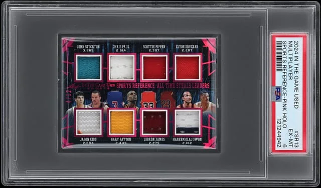 2024 Leaf Stockton, Paul, Pippen, Drexler, Kidd, Payton, James, Olajuwon in the Game Used Sports Reference Pink Holo #SR13 card image