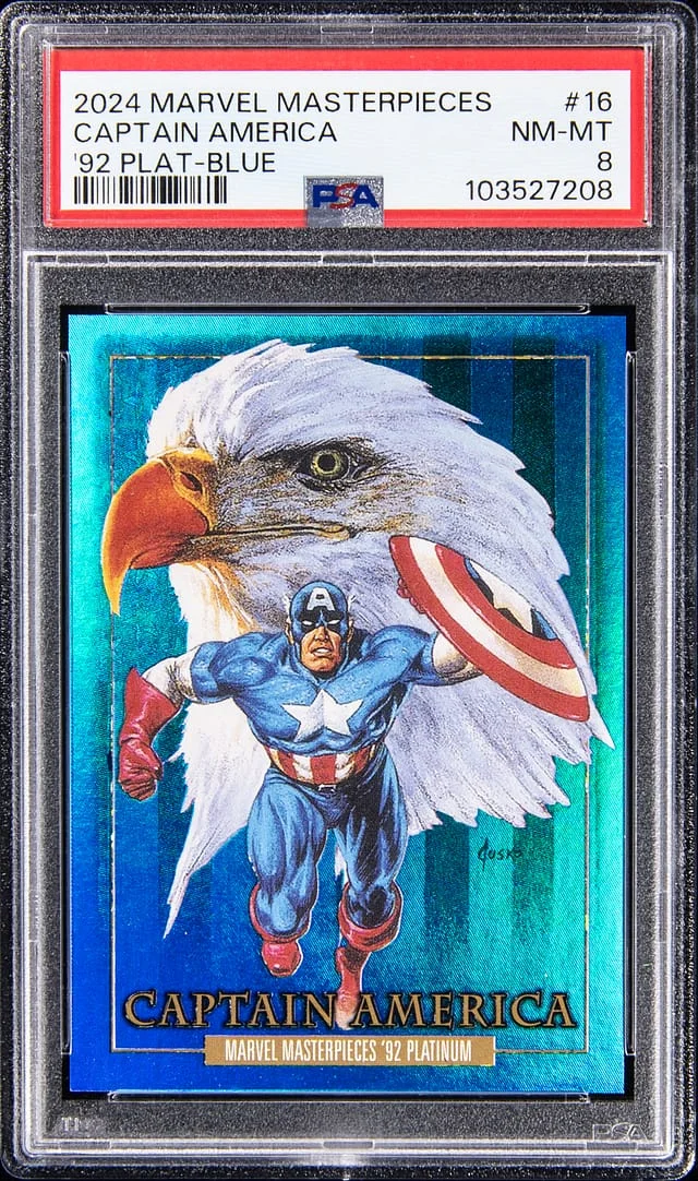 2024 Marvel Masterpieces '92 Platinum Precious Metal Gems (PMG) Blue Captain America #16 card image