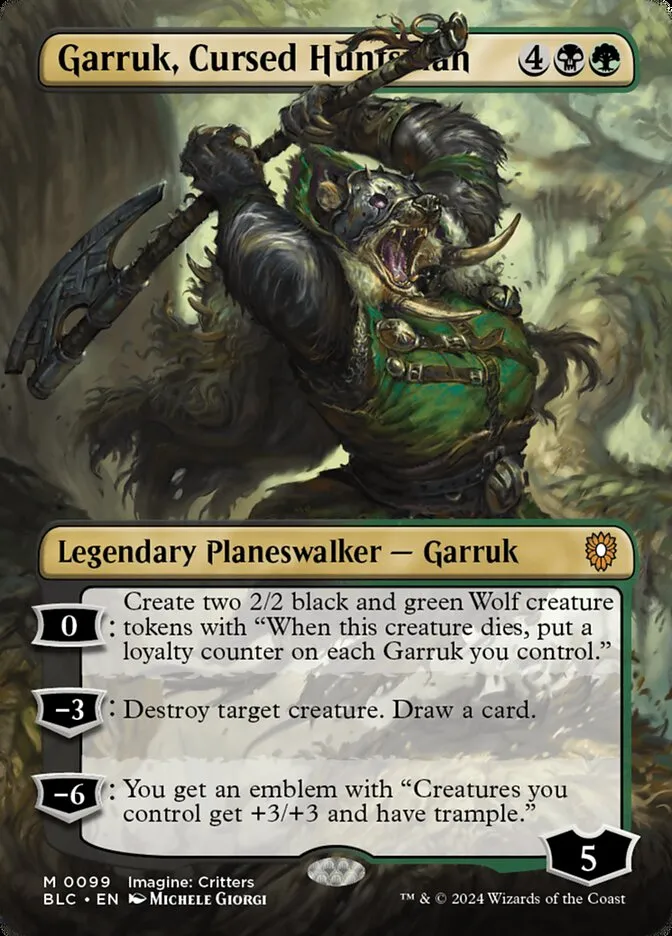 2024 Bloomburrow Commander Garruk, Cursed Huntsman [Borderless Foil] mythic #99 mythic card image