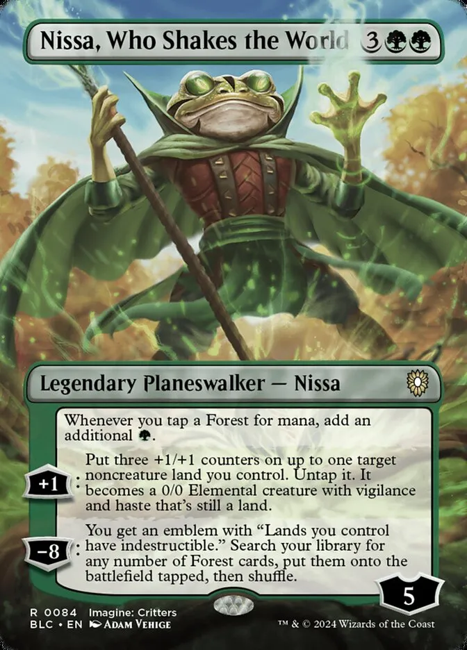 2024 Bloomburrow Commander Nissa, Who Shakes the World [Borderless Foil] rare #84 rare card image