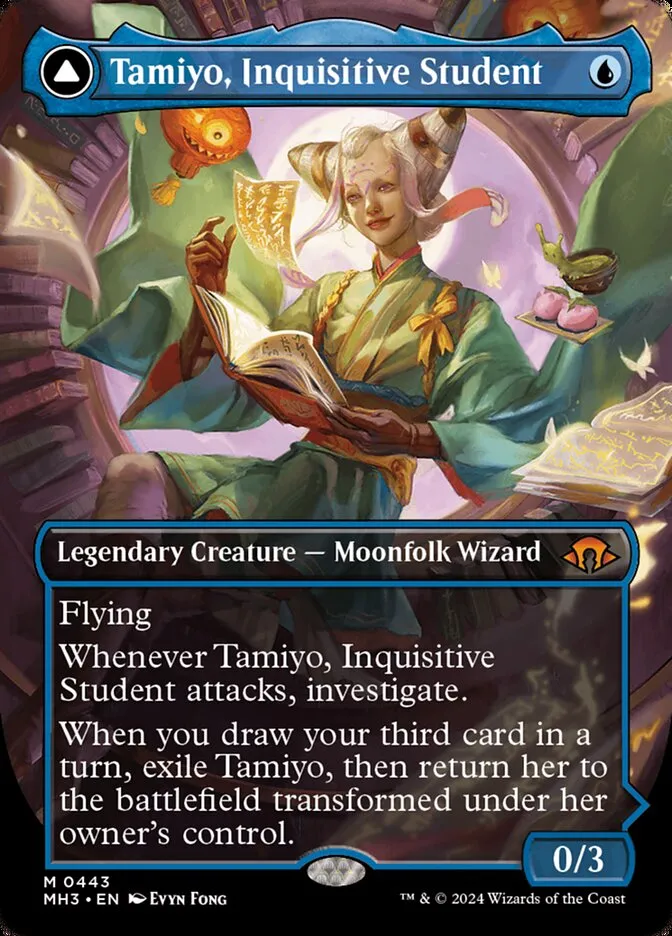 2024 Modern Horizons 3 Tamiyo, Inquisitive Student // Tamiyo, Seasoned Scholar [Borderless Foil] mythic #443 mythic card image