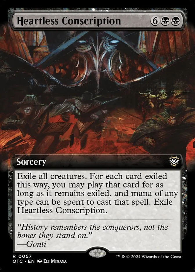 2024 Outlaws of Thunder Junction Commander Heartless Conscription rare #57 rare card image