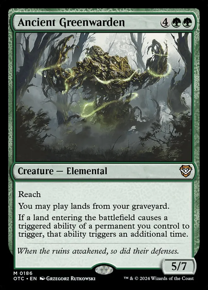 2024 Outlaws of Thunder Junction Commander Ancient Greenwarden mythic #186 mythic card image