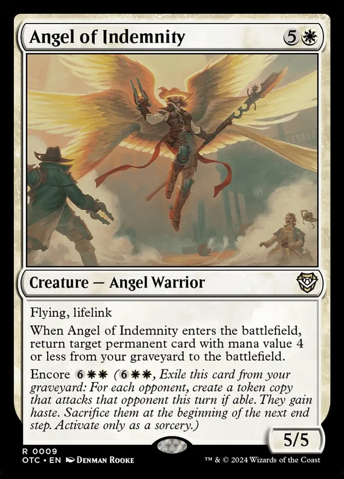 2024 Outlaws of Thunder Junction Commander Angel of Indemnity rare #9 rare card image