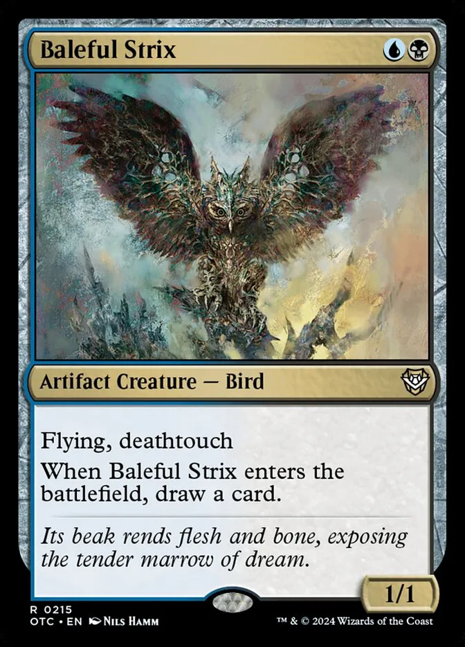 2024 Outlaws of Thunder Junction Commander Baleful Strix #215 rare card image