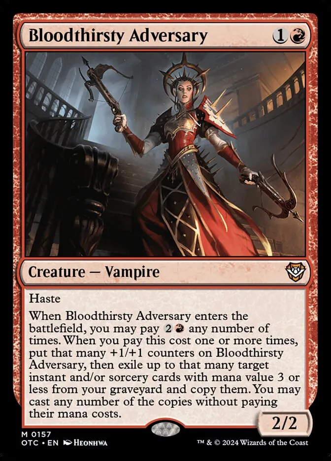 2024 Outlaws of Thunder Junction Commander Bloodthirsty Adversary #157 mythic card image