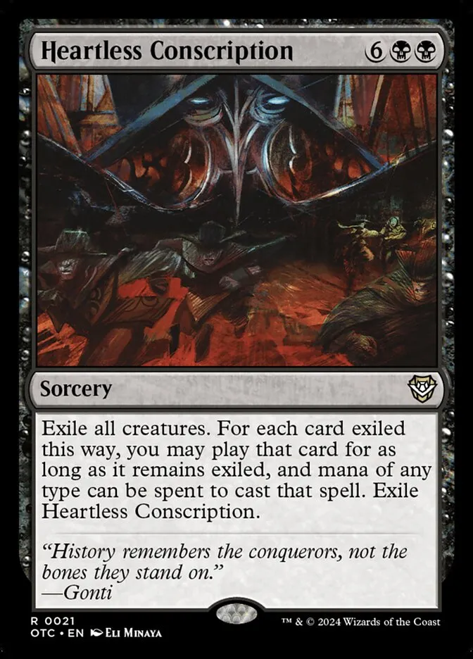 2024 Outlaws of Thunder Junction Commander Heartless Conscription rare #21 rare card image