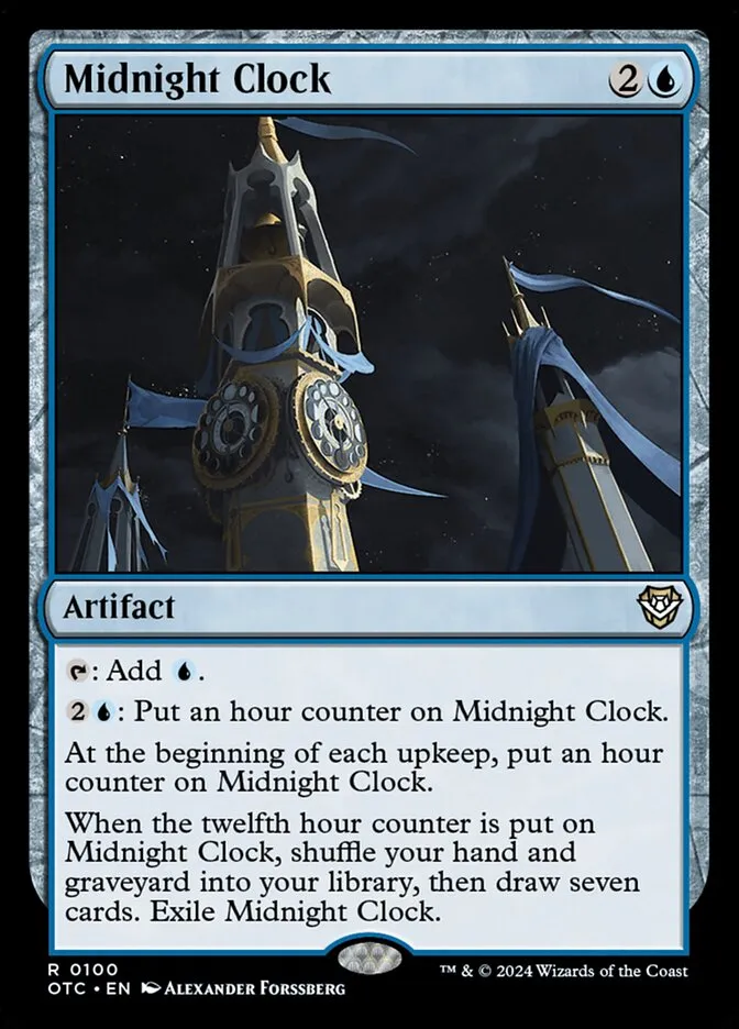 2024 Outlaws of Thunder Junction Commander Midnight Clock rare #100 rare card image