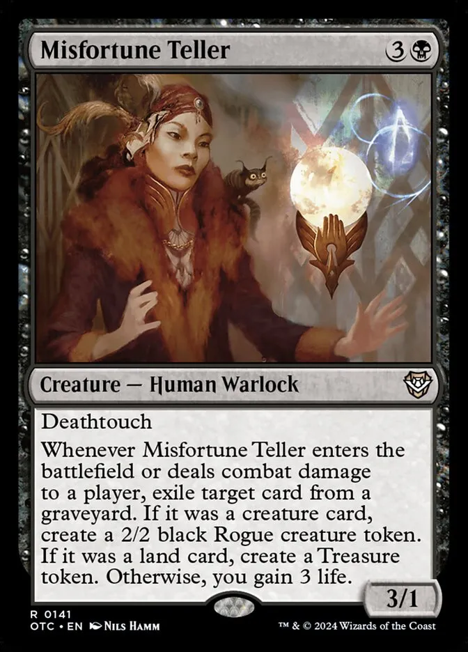 2024 Outlaws of Thunder Junction Commander Misfortune Teller #141 rare card image