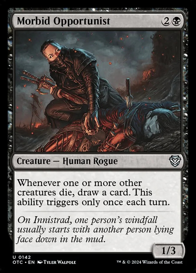 2024 Outlaws of Thunder Junction Commander Morbid Opportunist #142 uncommon card image