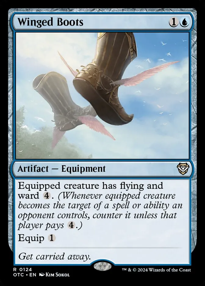 2024 Outlaws of Thunder Junction Commander Winged Boots rare #124 rare card image