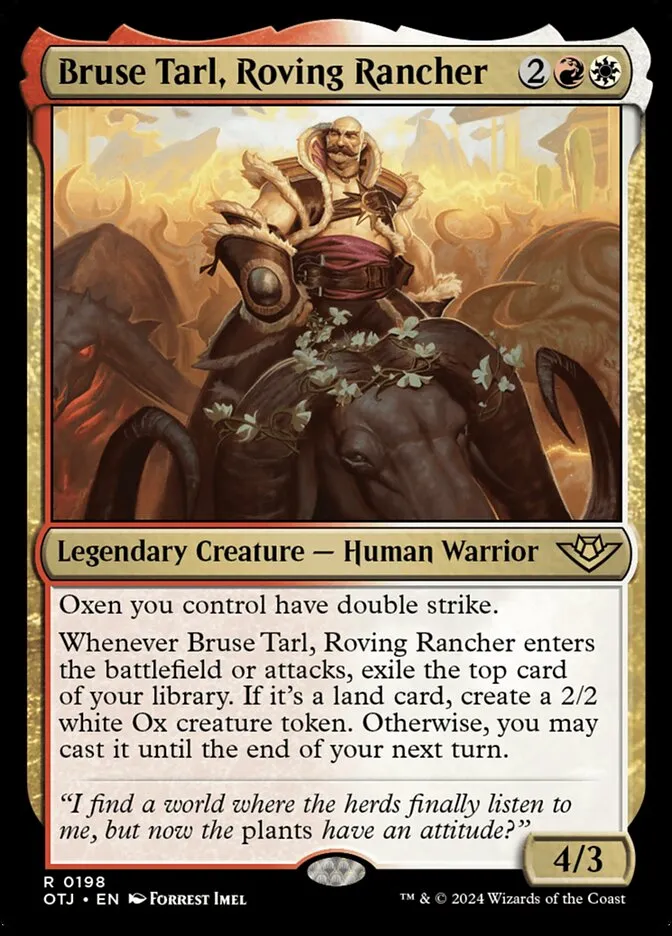 2024 Outlaws of Thunder Junction Bruse Tarl, Roving Rancher #198 rare card image