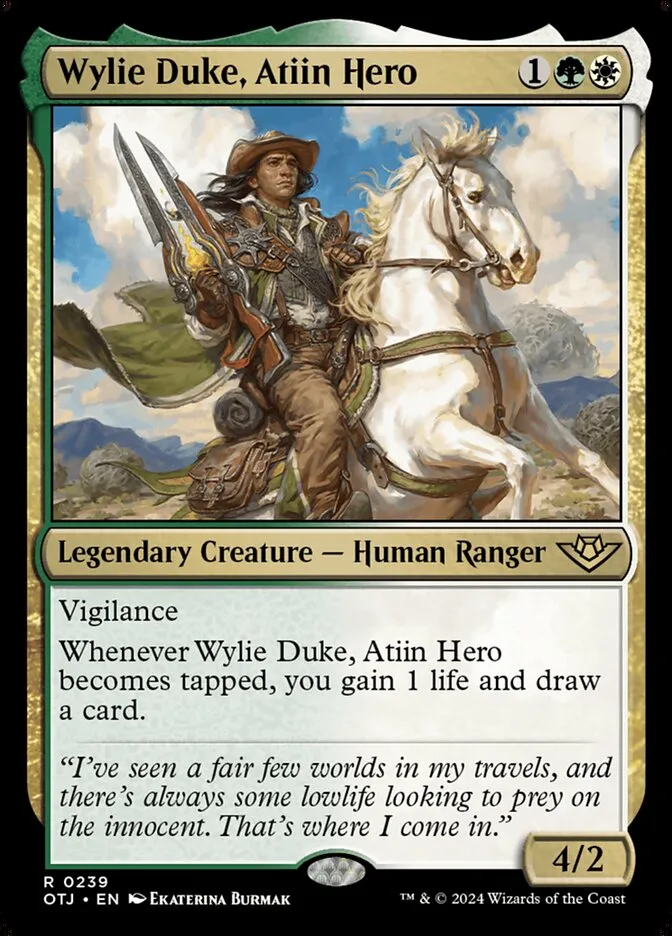 2024 Outlaws of Thunder Junction Wylie Duke, Atiin Hero #239 rare card image