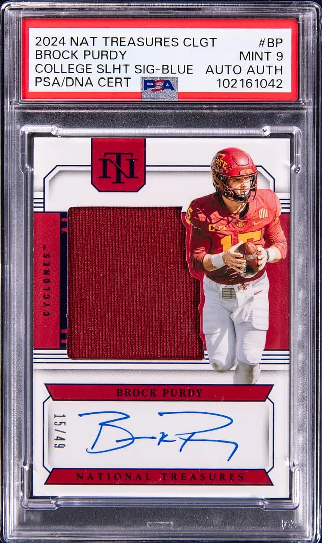 2024 National Treasures Brock Purdy Collegiate College Silhouette Signatures-Blue #BP card image