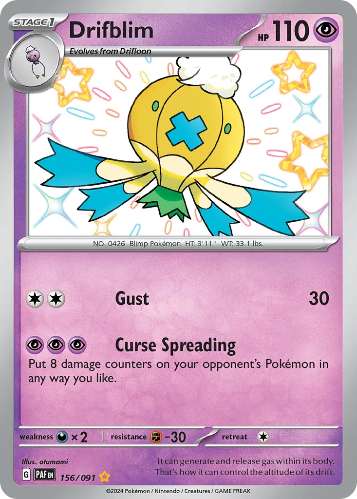 2024 Paldean Fates Drifblim #156/91 Shiny Rare card image