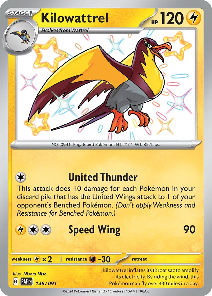 2024 Paldean Fates Kilowattrel #146/91 Shiny Rare card image