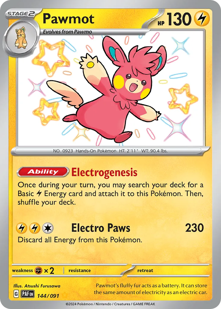 2024 Paldean Fates Pawmot #144/91 Shiny Rare card image