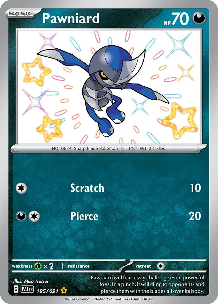 2024 Paldean Fates Pawniard #185/91 Shiny Rare card image