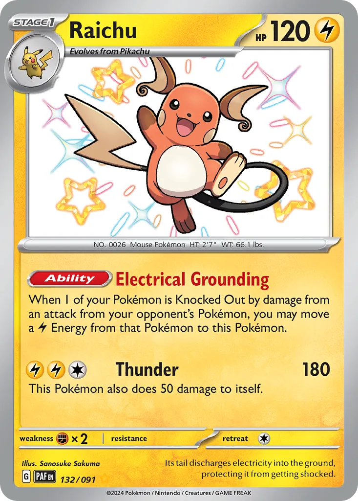 2024 Paldean Fates Raichu #132/91 Shiny Rare card image