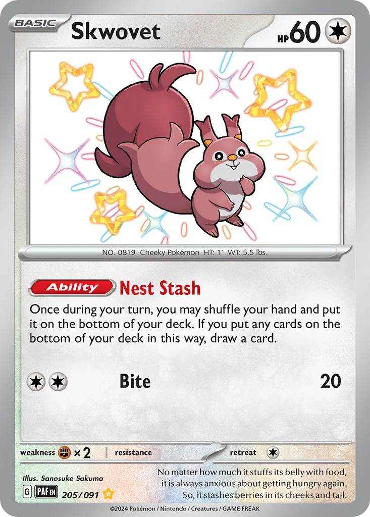 2024 Paldean Fates Skwovet #205/91 Shiny Rare card image