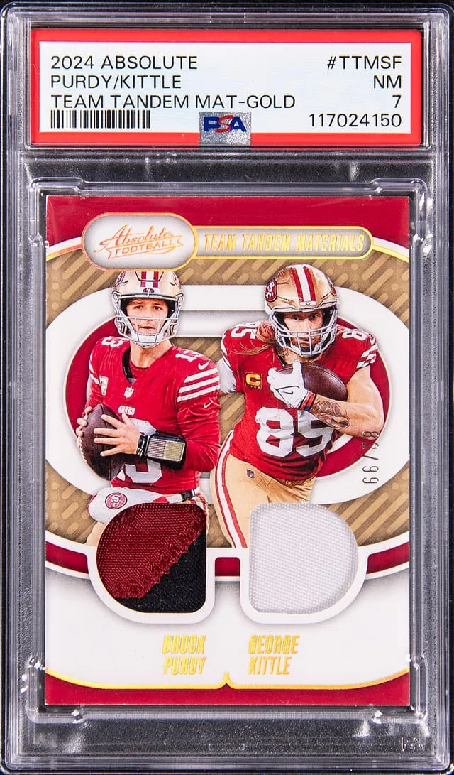2024 Panini Absolute Brock Purdy/George Kittle Dual Team Tandem Material Gold #TTM-SF card image