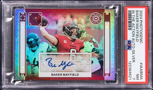 2024 Panini Baker Mayfield Photogenic In The Action Autographs Silver #IAA-BMA card image