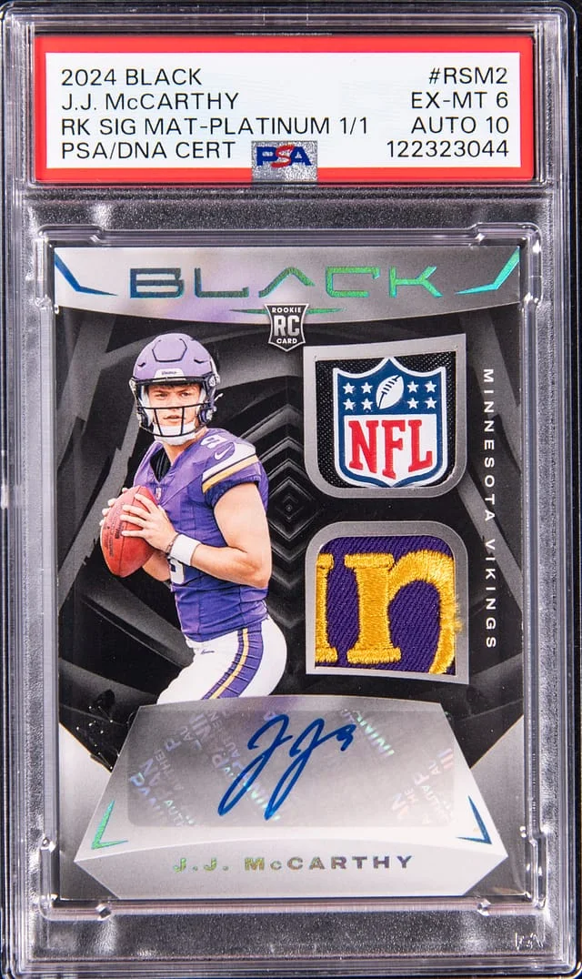 2024 Panini Black J.J. McCarthy Signature Material Platinum #RSM-2 card image