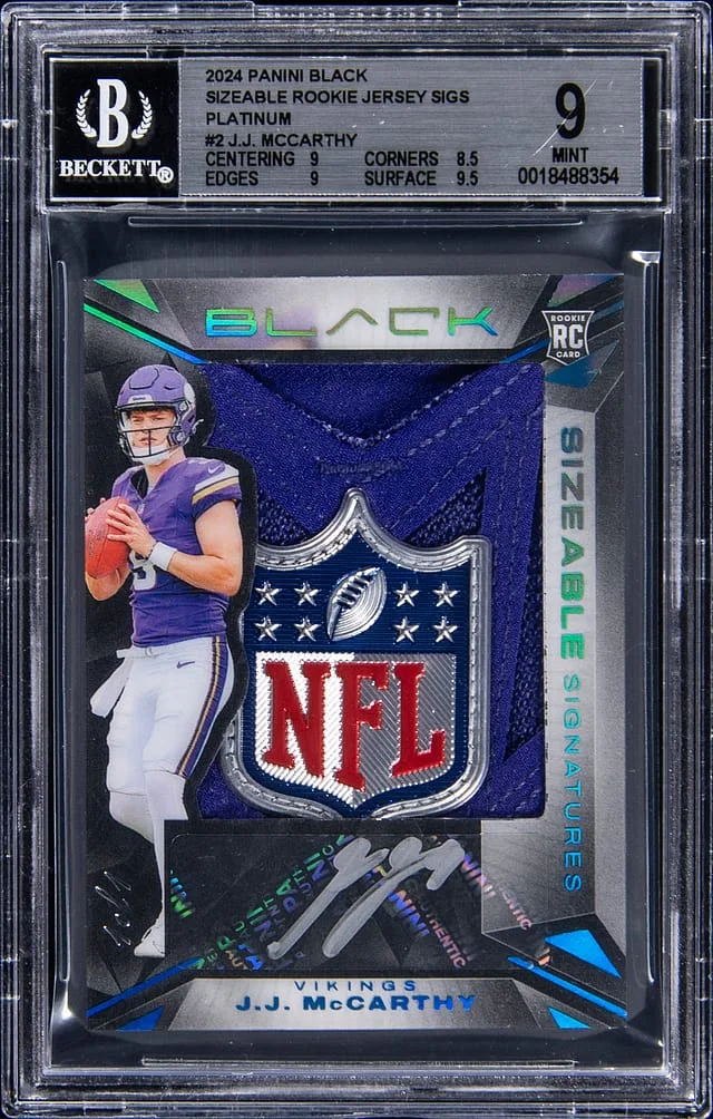 2024 Panini Black J.J. McCarthy Sizeable Jersey Signatures Platinum #SSR-JJM card image