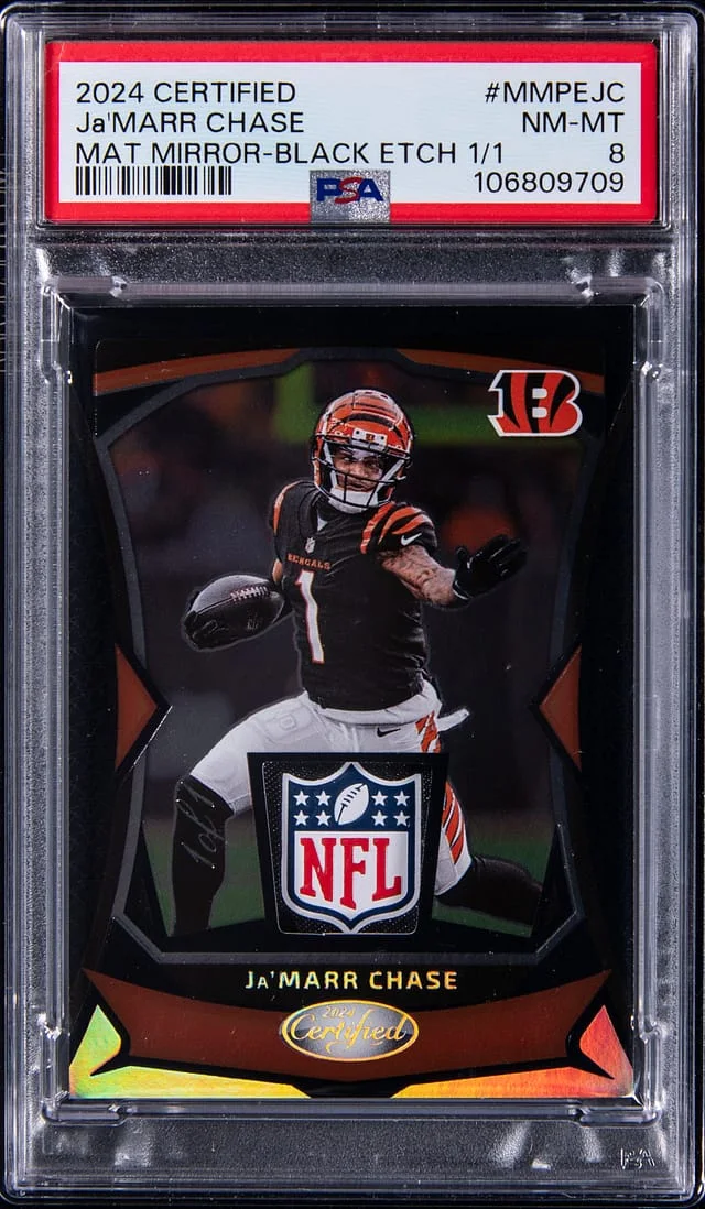 2024 Panini Certified Ja'Marr Chase NFL Shield Materials Mirror Black Etch #MMPE-JC card image