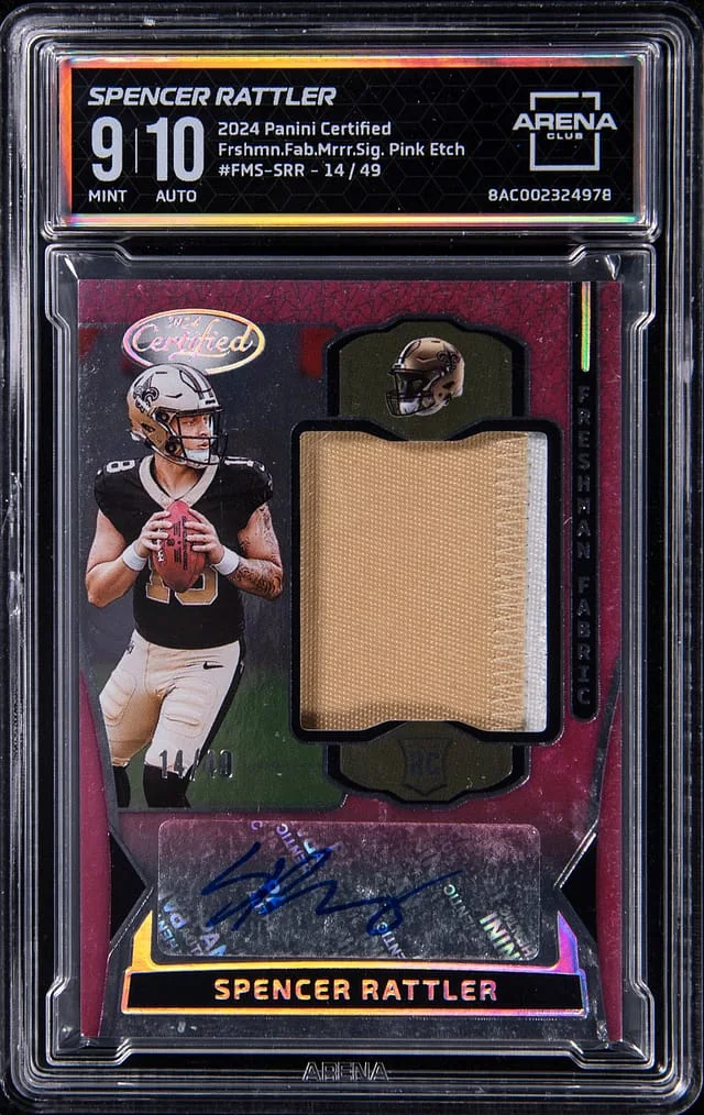 2024 Panini Certified Spencer Rattler Freshman Fabric Pink Etch #FMS-SRR card image
