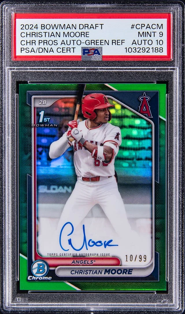 2024 Panini Christian Moore Bowman Draft Chrome Prospect Autograph Green Refractor #CPACM card image