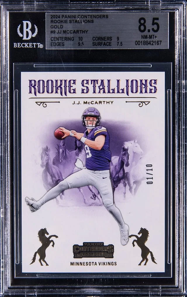 2024 Panini Contenders J.J. McCarthy Stallions Gold #9 card image