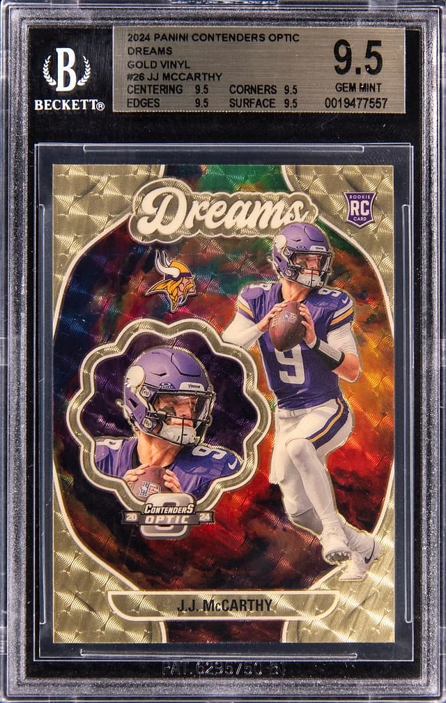 2024 Panini Contenders Optic J.J. McCarthy Dreams Gold Vinyl #D-JMY card image