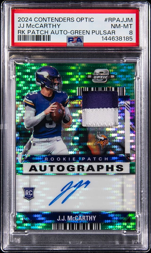 2024 Panini Contenders Optic JJ McCarthy Patch Autograph Green Pulsar #RPA-JJM card image