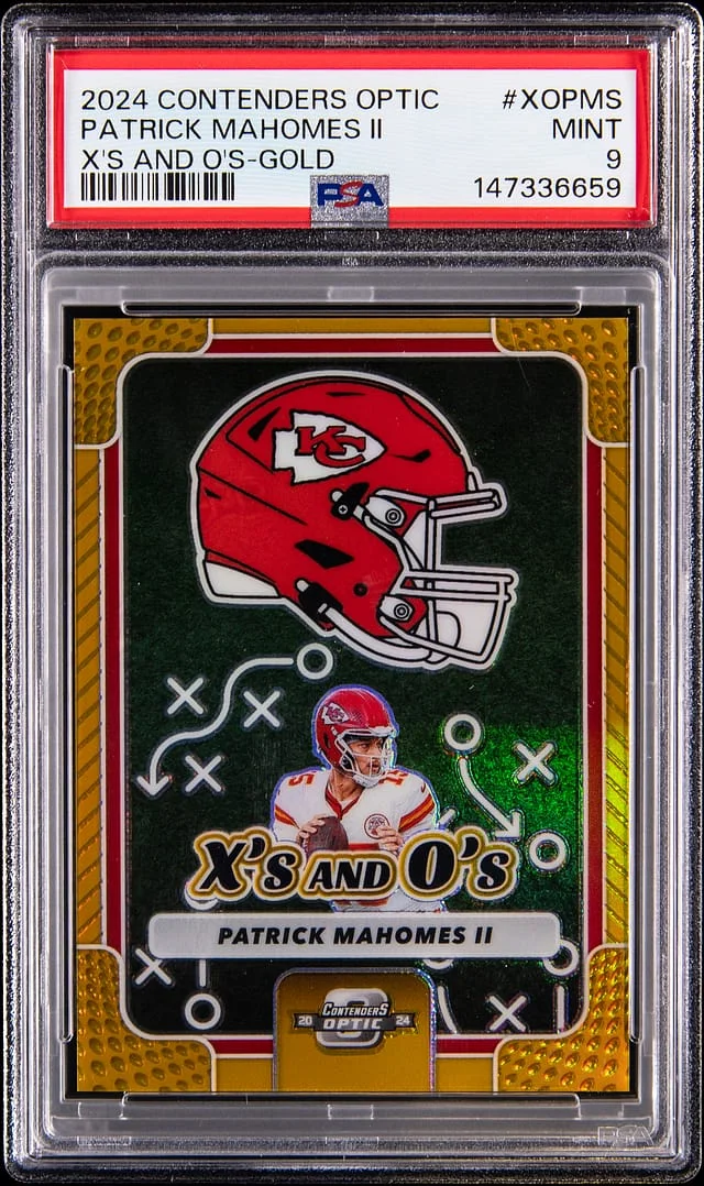2024 Panini Contenders Optic Patrick Mahomes II X's and O's Gold #XO-PMS card image