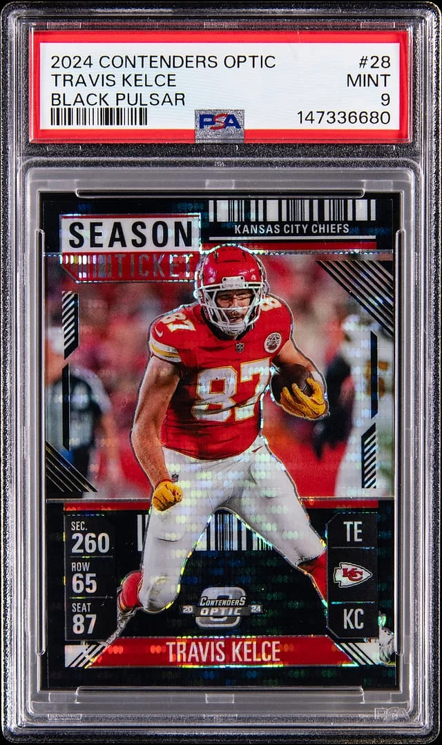 2024 Panini Contenders Optic Travis Kelce Black Pulsar #28 card image
