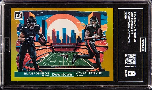 2024 Panini Donruss Bijan Robinson, Michael Penix Jr. Downtown! Horizontal Gold #12 card image