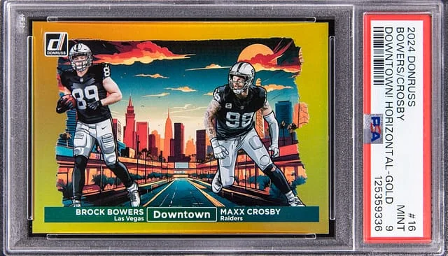 2024 Panini Donruss Brock Bowers, Maxx Crosby Downtown Horizontal Gold #16 card image
