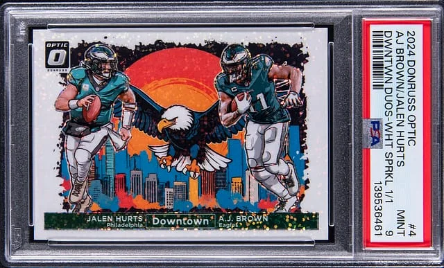 2024 Panini Donruss Optic AJ Brown/Jalen Hurts - Hurts' Jersey Number Downtown Duos White Sparkle #4 card image