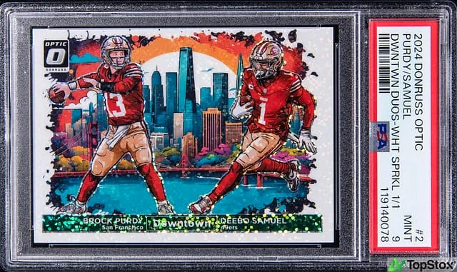 2024 Panini Donruss Optic Brock Purdy/Deebo Samuel Downtown Duos White Sparkle Prizm #2 card image