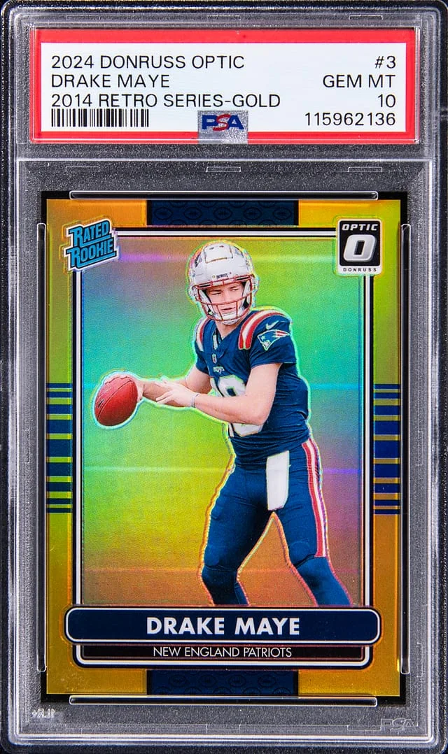 2024 Panini Donruss Optic Drake Maye 14 Retro Series Gold Prizm #3 card image