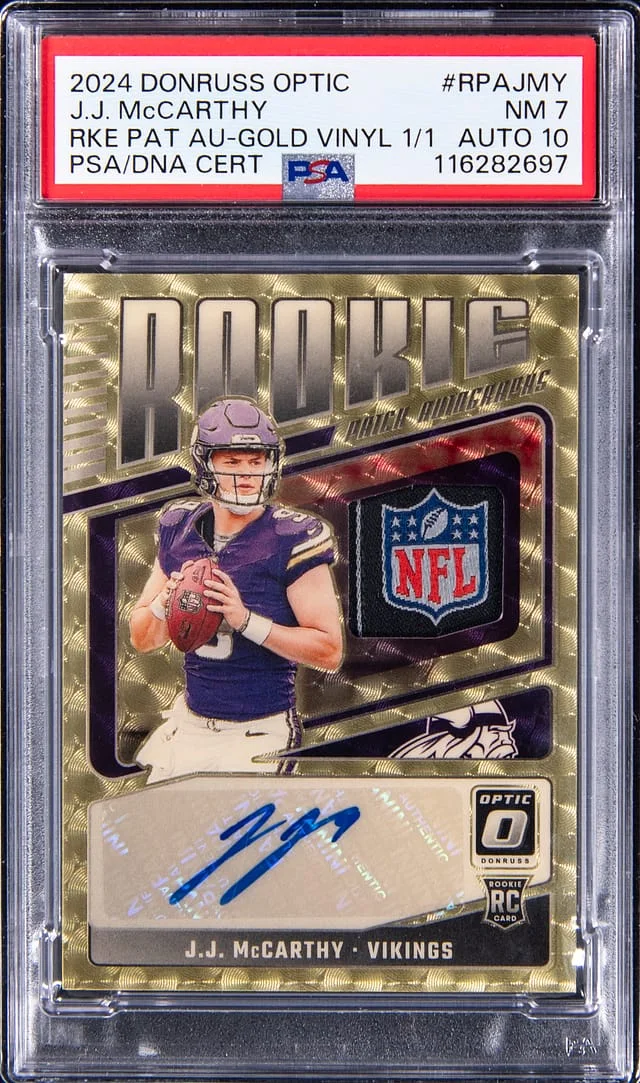 2024 Panini Donruss Optic J.J. McCarthy Patch Autographs (RPA) Gold Vinyl #RPA-JMY card image