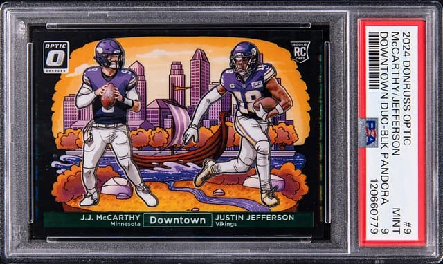 2024 Panini Donruss Optic J.J. McCarthy/Justin Jefferson Downtown Duo Black Pandora #9 card image