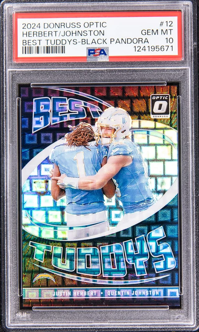 2024 Panini Donruss Optic Justin Herbert/Quenton Johnston Best Tuddys Black Pandora #12 card image