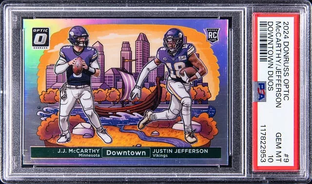 2024 Panini Donruss Optic Justin Jefferson/J.J. McCarthy Downtown Duos #9 card image