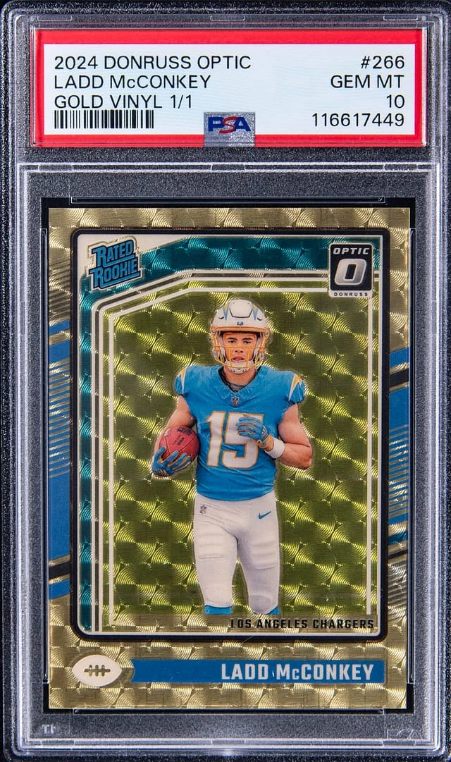 2024 Panini Donruss Optic Ladd McConkey Rated Gold Vinyl Prizm #266 card image