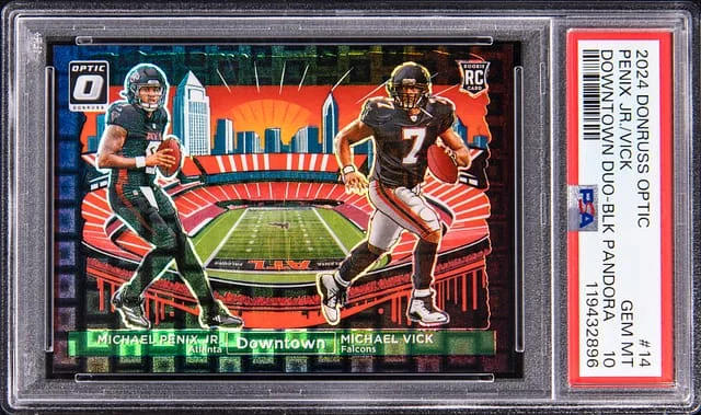 2024 Panini Donruss Optic Michael Penix Jr., Michael Vick Downtown Duo Black Pandora #14 card image