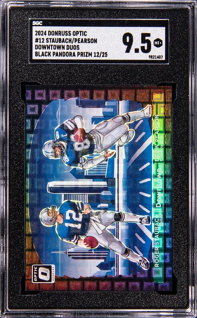 2024 Panini Donruss Optic Roger Staubach/Drew Pearson Downtown Duos Black Pandora Prizm #12 card image