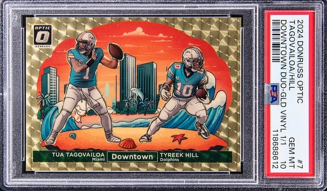 2024 Panini Donruss Optic Tua Tagovailoa/Tyreek Hill - Tagovailoa's Jersey Number Downtown Duos Gold Vinyl Prizm #7 card image