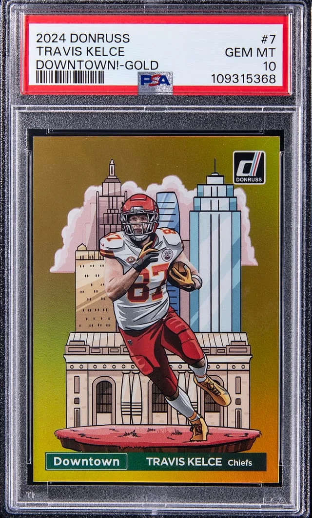 2024 Panini Donruss Travis Kelce Downtown! Gold #7 card image